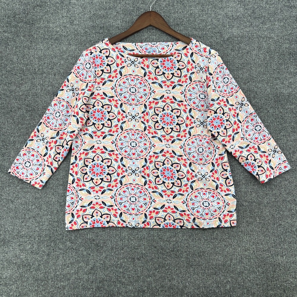 Croft & Barrow Top Womens Large Multicolor Mandala Print 3/4 Sleeve Boho Casual